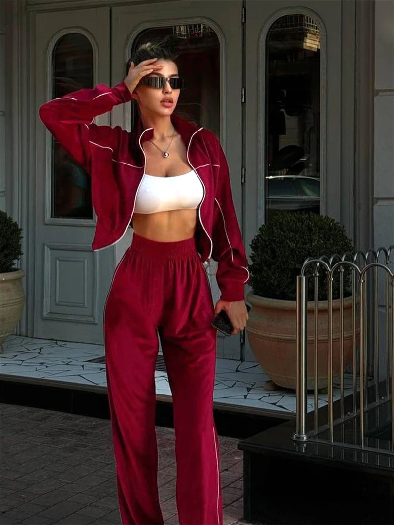 Ensemble 2 pièces en velours pour femme, vêtements d'automne 2026, sweat-shirt zippé et pantalon long, ensemble décontracté, survêtement en velours pour femme.