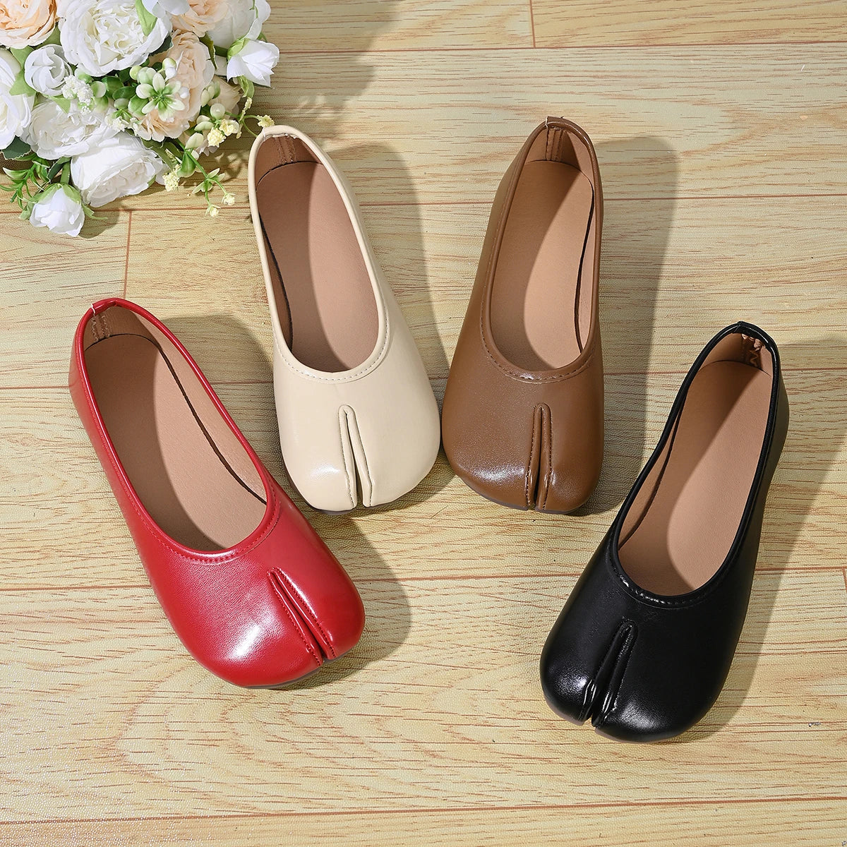 Chaussures Tabi en cuir PU tendance pour femmes, fabriquées à la main, chaussures plates de haute qualité, design de luxe, mules à bout fendu.