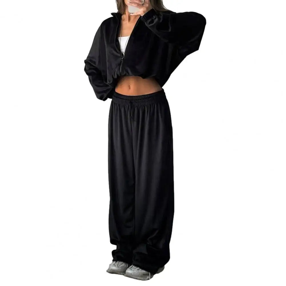 Ensemble de survêtement en velours pour femme, deux pièces, veste courte zippée et pantalon long, tenue décontractée pour femme ﻿