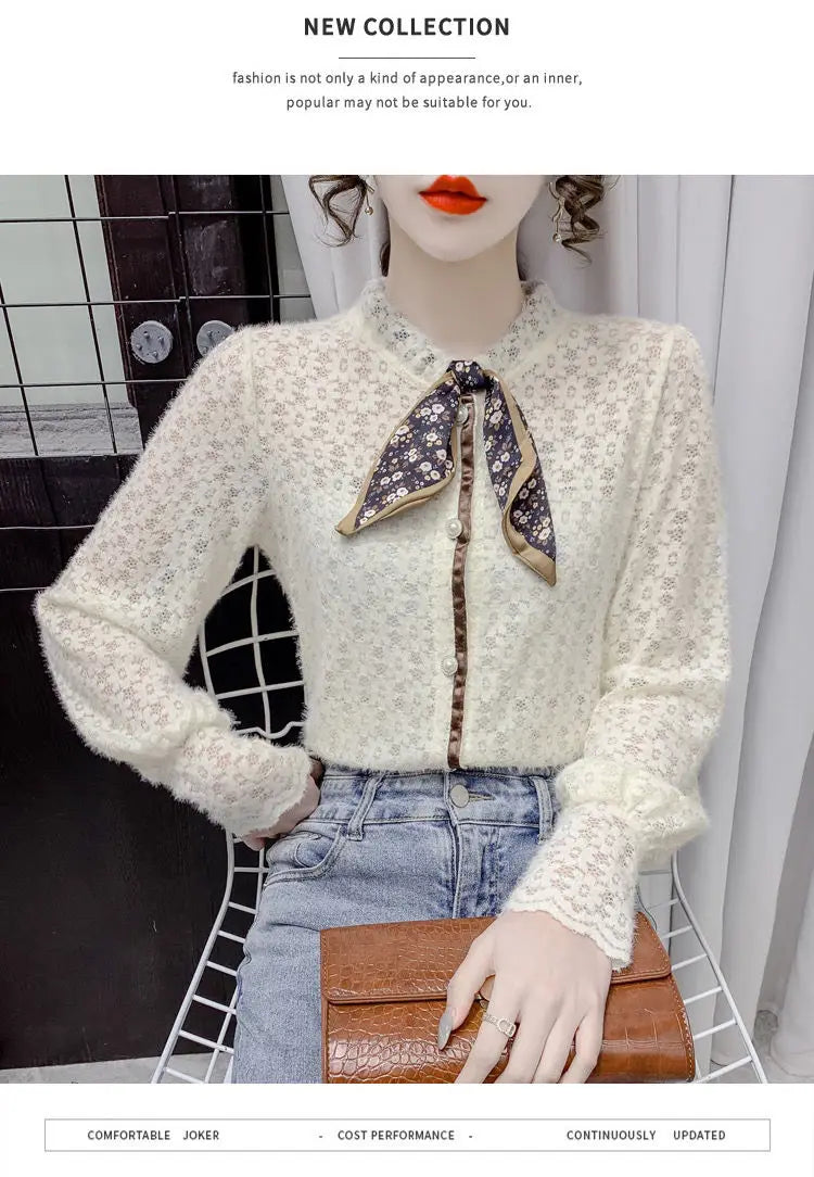 Chemise en velours pour femmes, automne hiver, écharpe à manches longues, collier, chemise en dentelle imprimée, haut à manches bouffantes intérieures en maille à la mode