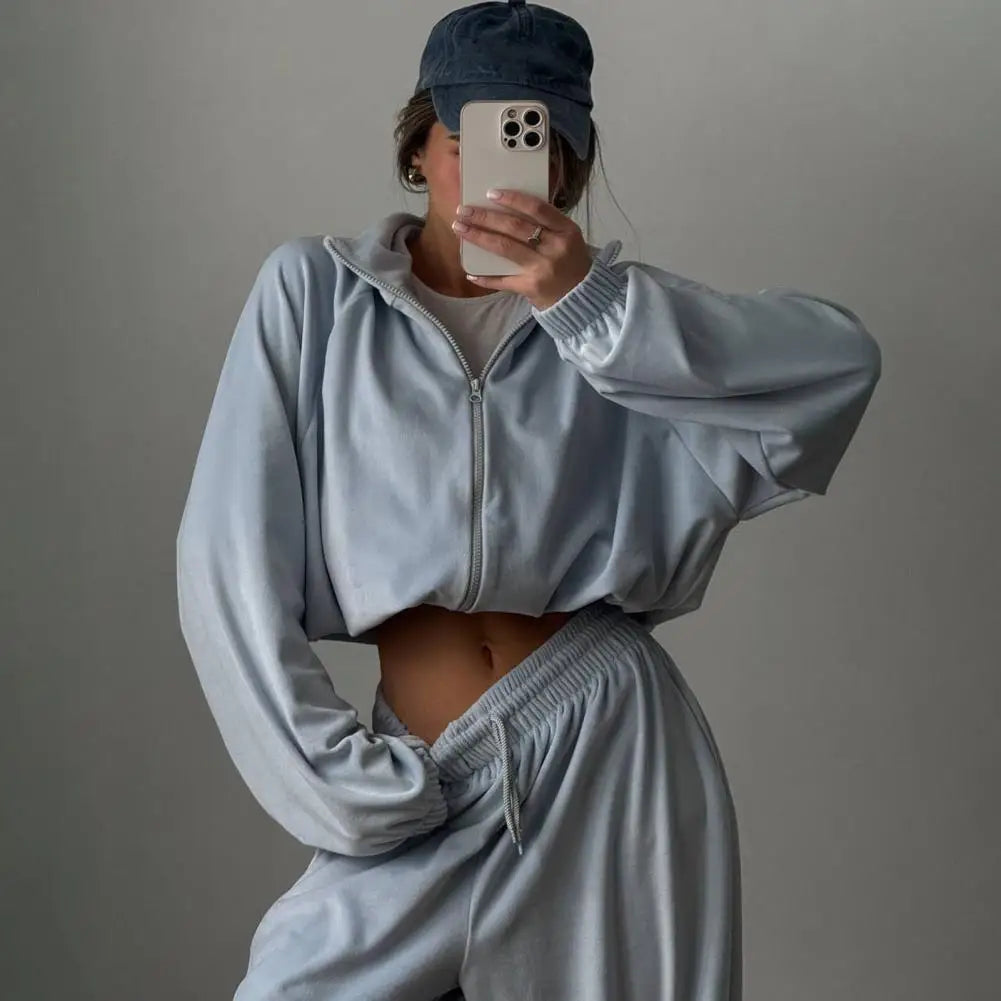 Ensemble de survêtement en velours pour femme, deux pièces, veste courte zippée et pantalon long, tenue décontractée pour femme ﻿