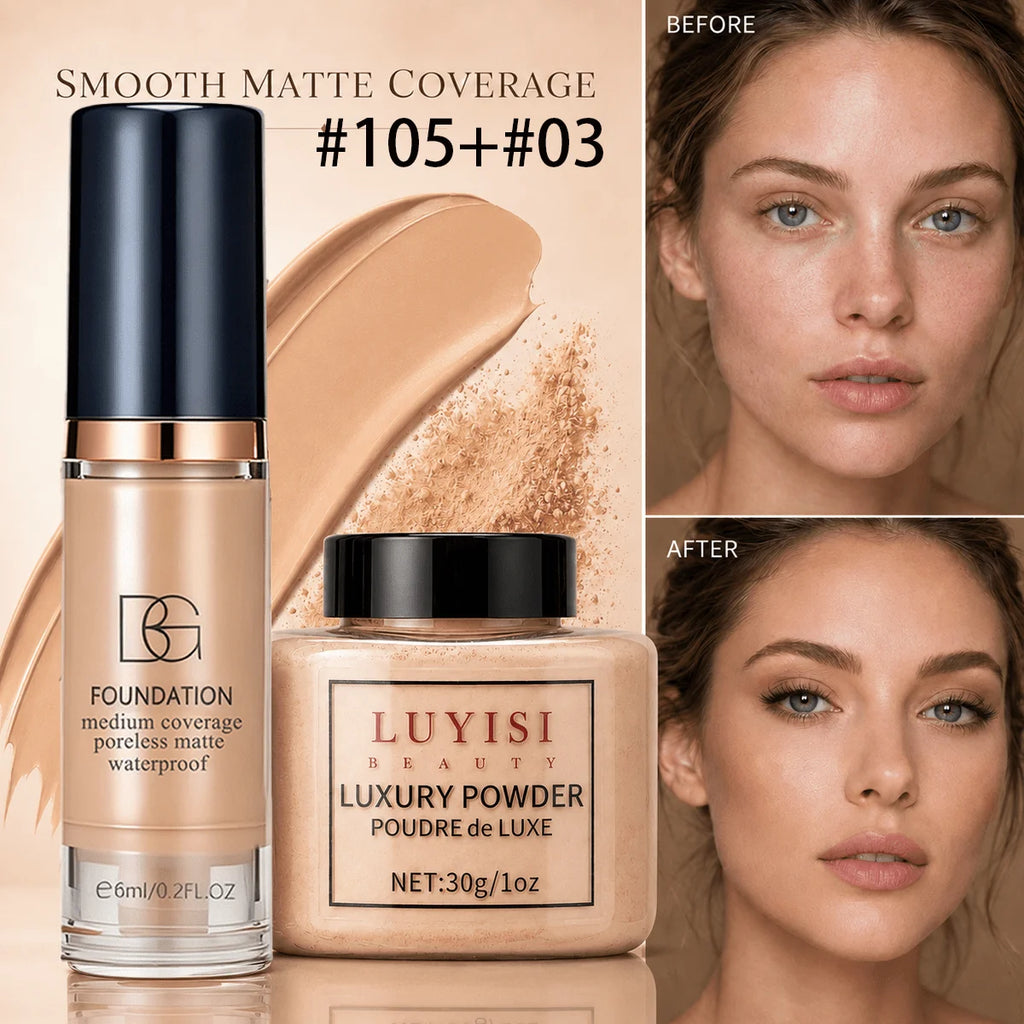 Ensemble de maquillage pour le visage : 1 poudre libre mate + 1 fond de teint waterproof, haute couvrance, longue tenue, contrôle du sébum, pour un look naturel.