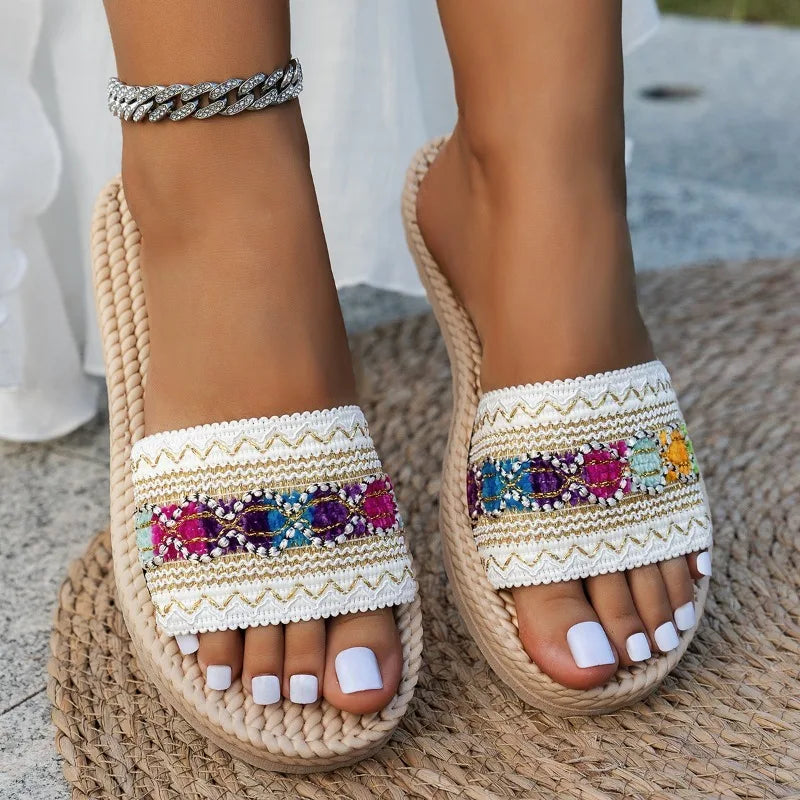 Sandales plates d'extérieur pour femmes, style bohème ethnique, grandes tailles, à pampilles, pour la plage