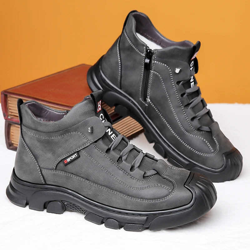 Bottes en cuir Pu hommes printemps chaussures hautes décontractées pour hommes tendance fermeture éclair chaussures plates hiver Sneaker vulcanisé cheville Tennis Zapatillas