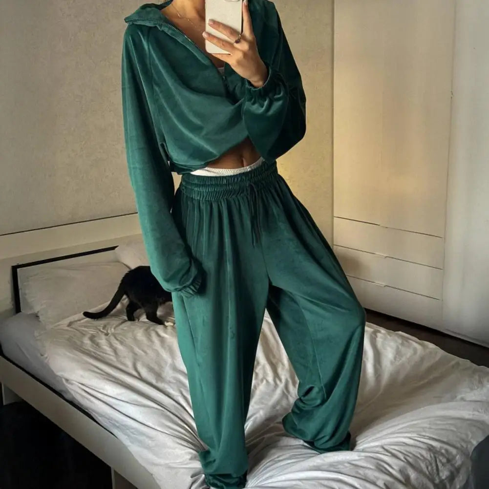 Ensemble de survêtement en velours pour femme, deux pièces, veste courte zippée et pantalon long, tenue décontractée pour femme ﻿
