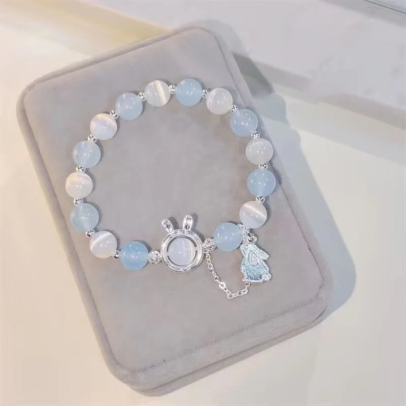 Bracelet pendentif lapin en pierre de lune pour femme, cristal, opale blanche, pierre naturelle, brin perlé, bijoux faits à la main, mode