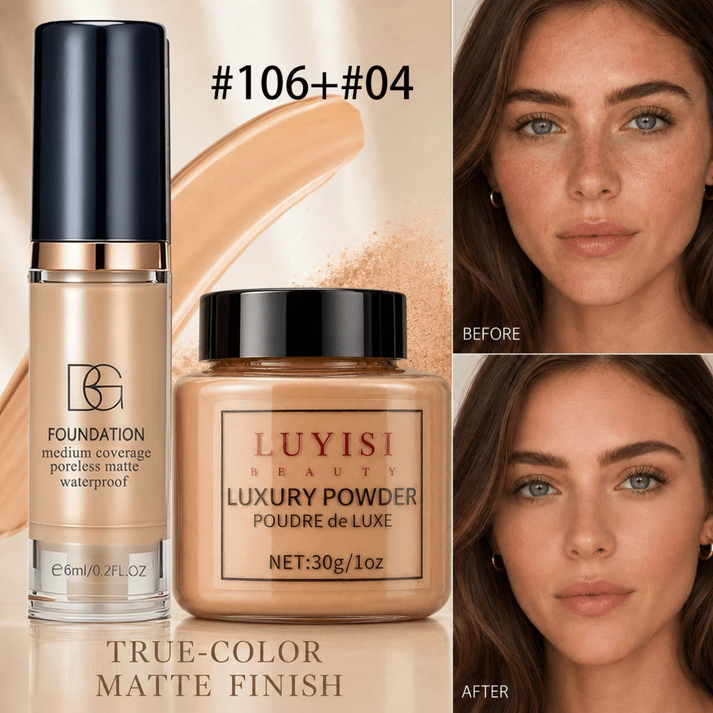 Ensemble de maquillage pour le visage : 1 poudre libre mate + 1 fond de teint waterproof, haute couvrance, longue tenue, contrôle du sébum, pour un look naturel.