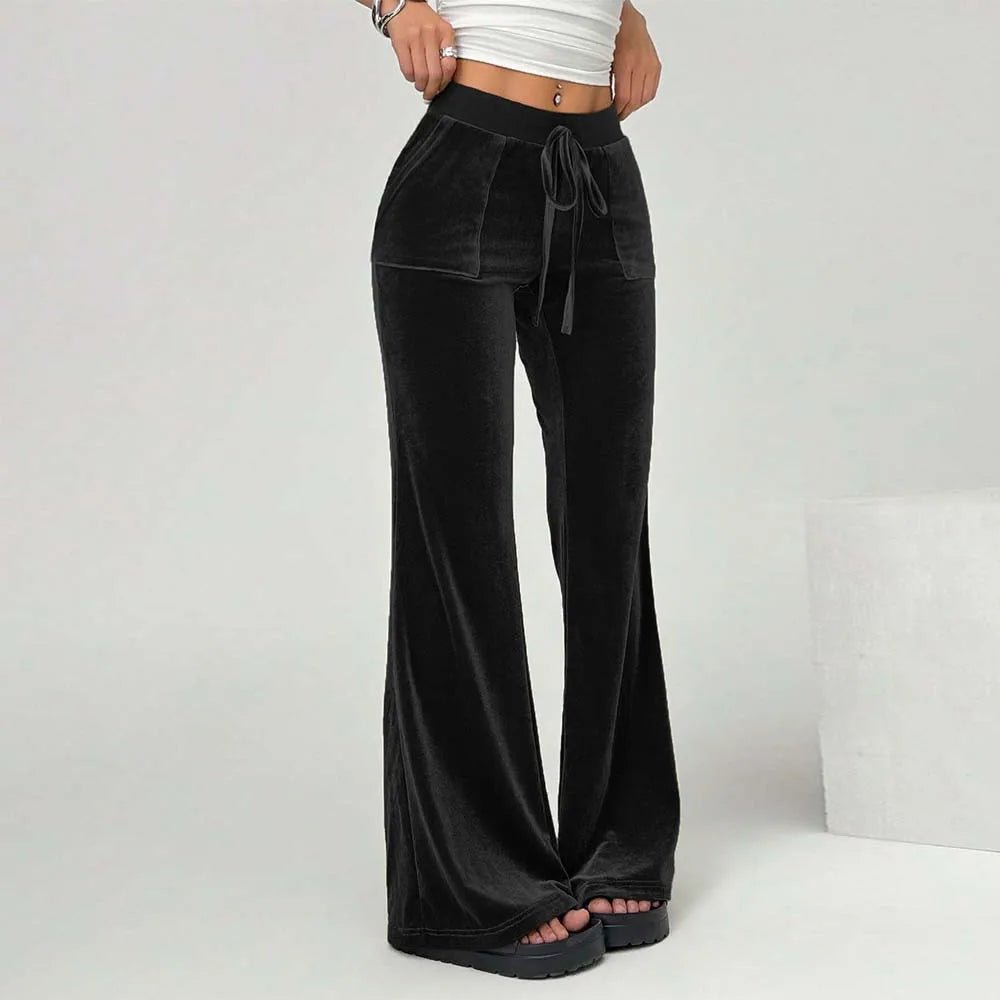 2025 pantalons décontractés en velours simples et élégants pour femmes automne et hiver pantalon à jambes larges avec cordon de serrage