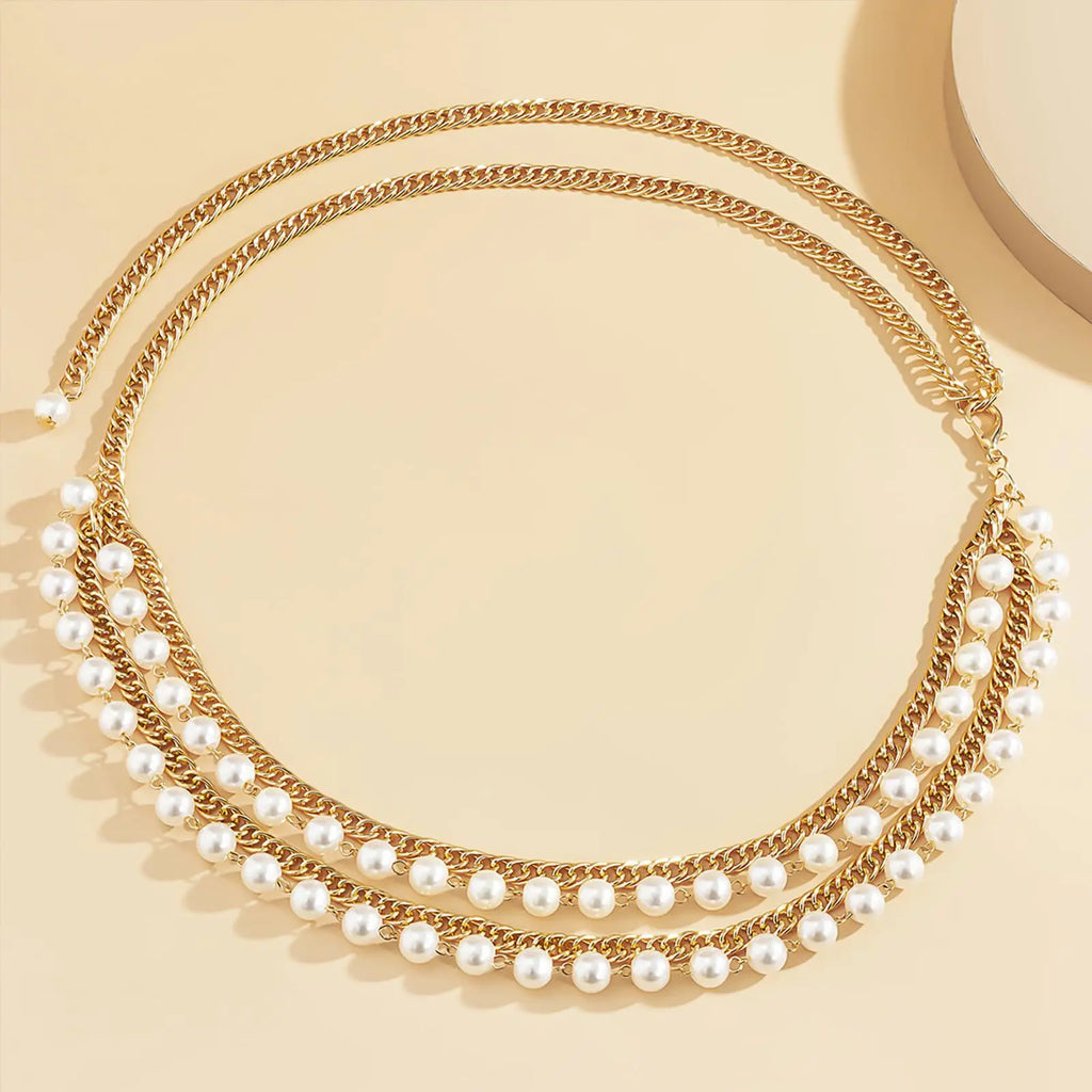 Chaîne de taille multi-couches en métal doré et argenté avec perles d'imitation pour femme, accessoire de mode, chaîne de corps, ornement de taille