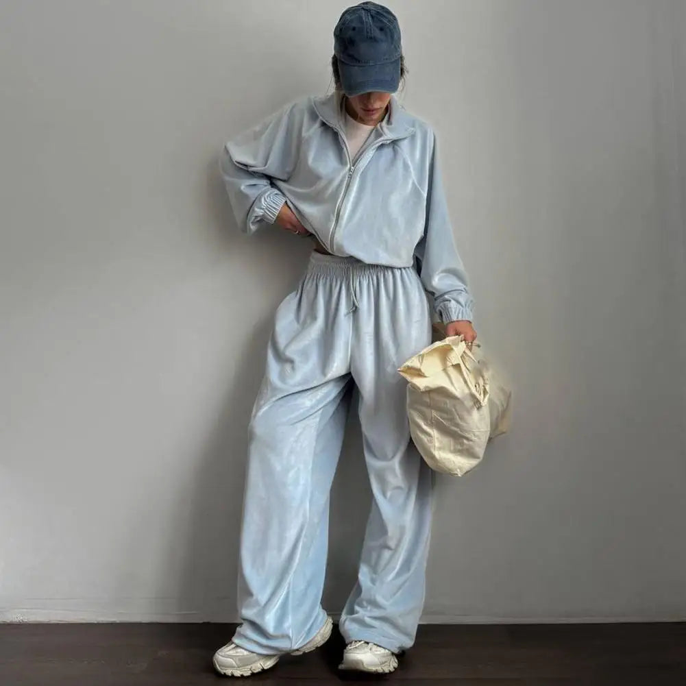 Ensemble de survêtement en velours pour femme, deux pièces, veste courte zippée et pantalon long, tenue décontractée pour femme ﻿