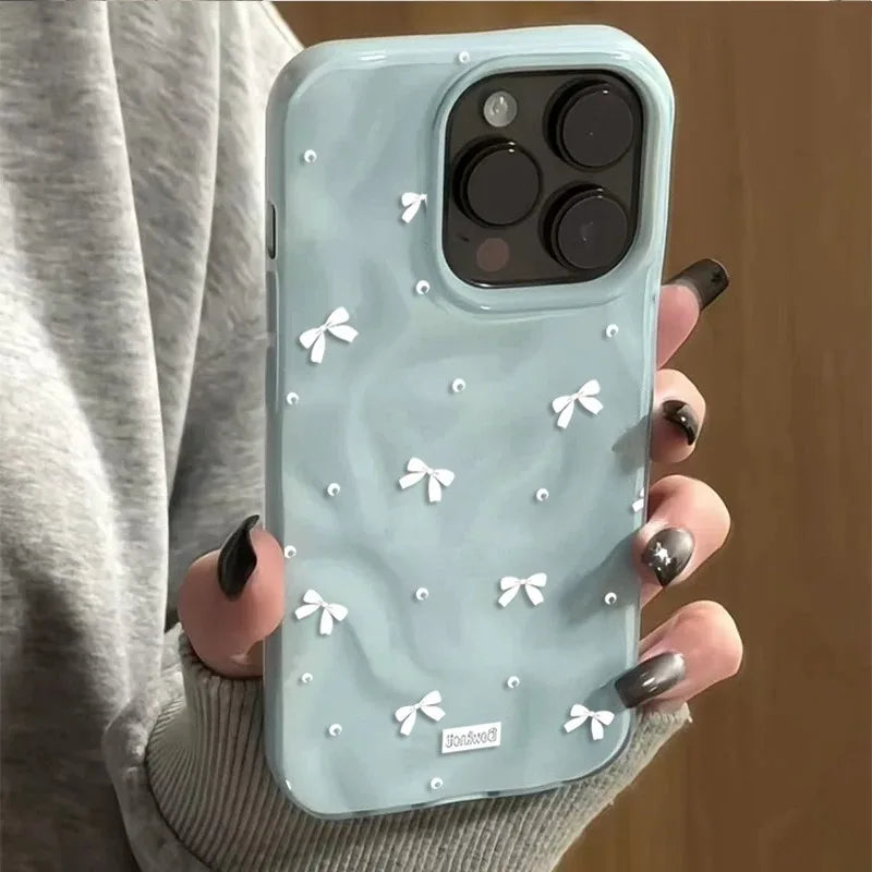 Coque de téléphone Coquette avec nœuds blancs pour iPhone 15 11 12 13 Plus 14 16 17 Pro Max 17 Air, motif perles mignonnes, ondulée, souple et antichoc