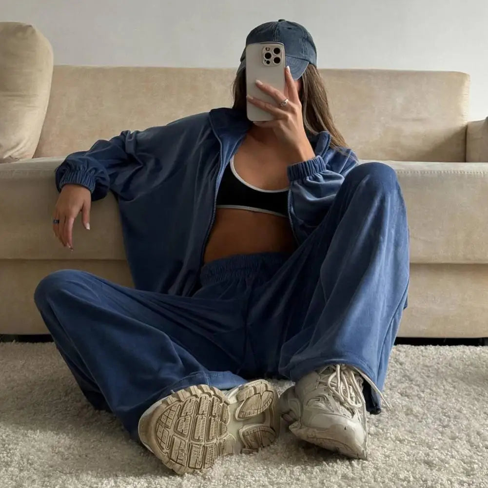 Ensemble de survêtement en velours pour femme, deux pièces, veste courte zippée et pantalon long, tenue décontractée pour femme ﻿
