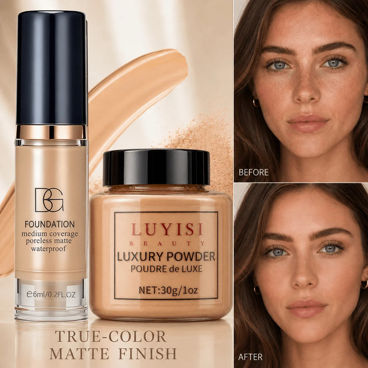 Ensemble de maquillage pour le visage : 1 poudre libre mate + 1 fond de teint waterproof, haute couvrance, longue tenue, contrôle du sébum, pour un look naturel.
