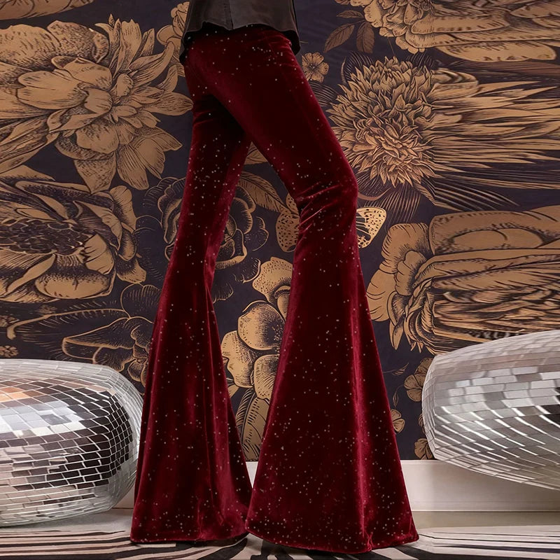 Mode velours pantalon femmes taille haute pantalon évasé pour les femmes automne hiver Stretch pantalon de fête rouge