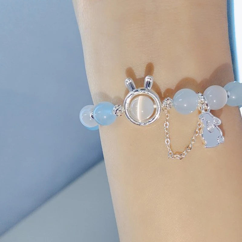 Bracelet pendentif lapin en pierre de lune pour femme, cristal, opale blanche, pierre naturelle, brin perlé, bijoux faits à la main, mode