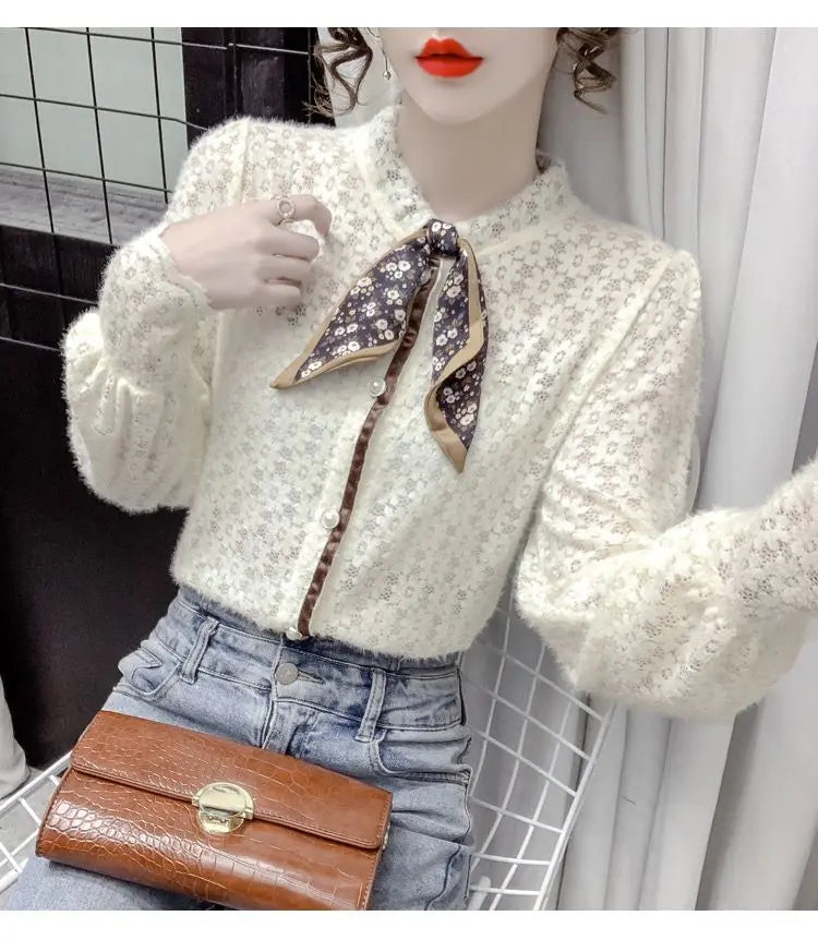 Chemise en velours pour femmes, automne hiver, écharpe à manches longues, collier, chemise en dentelle imprimée, haut à manches bouffantes intérieures en maille à la mode