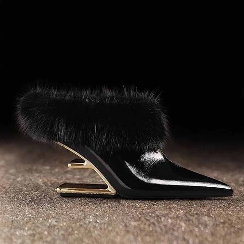 Nouvelles mules pour femmes, bottines à talon haut, chaussures d'hiver fourrées, pantoufles à bout pointu, chaussures compensées à enfiler