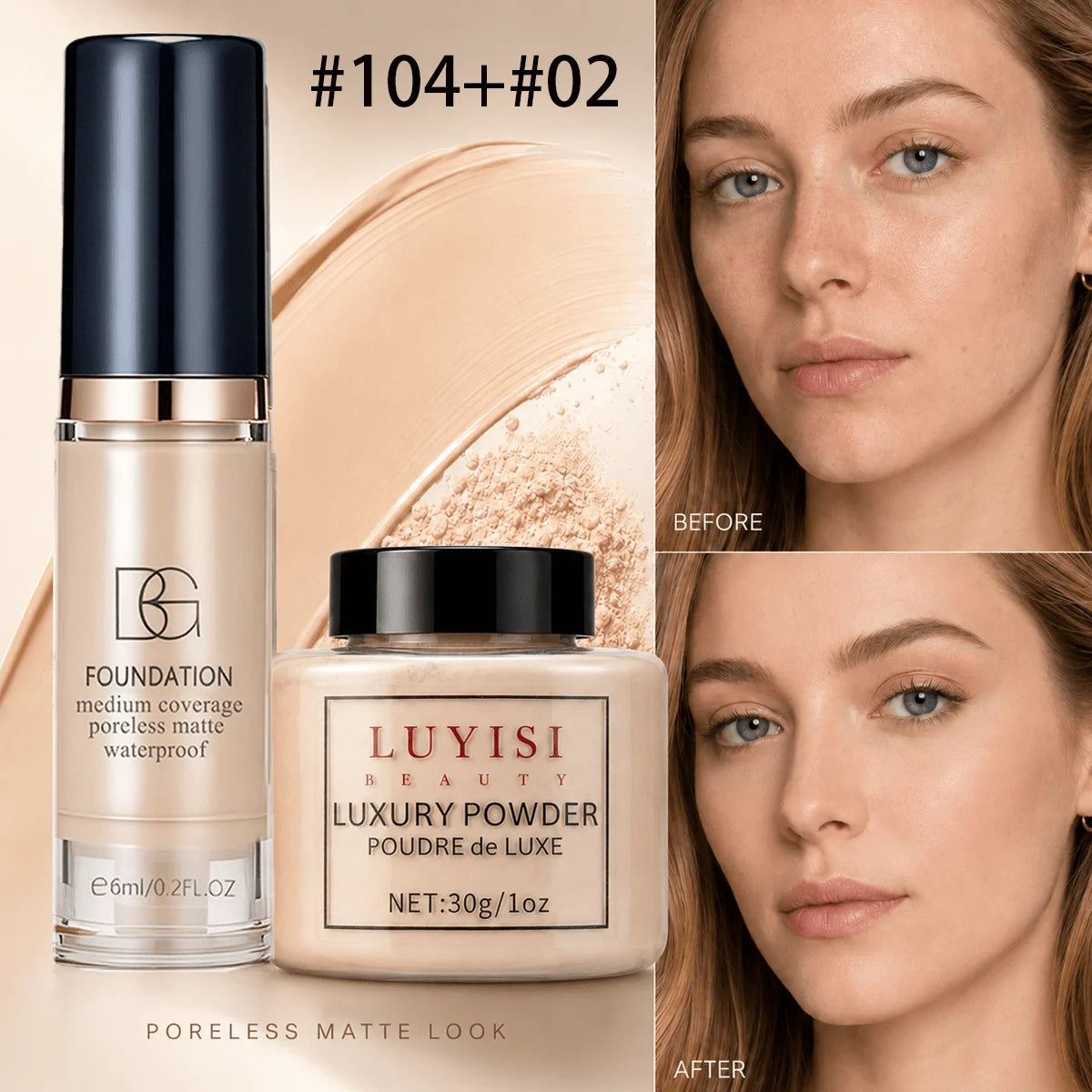 Ensemble de maquillage pour le visage : 1 poudre libre mate + 1 fond de teint waterproof, haute couvrance, longue tenue, contrôle du sébum, pour un look naturel.