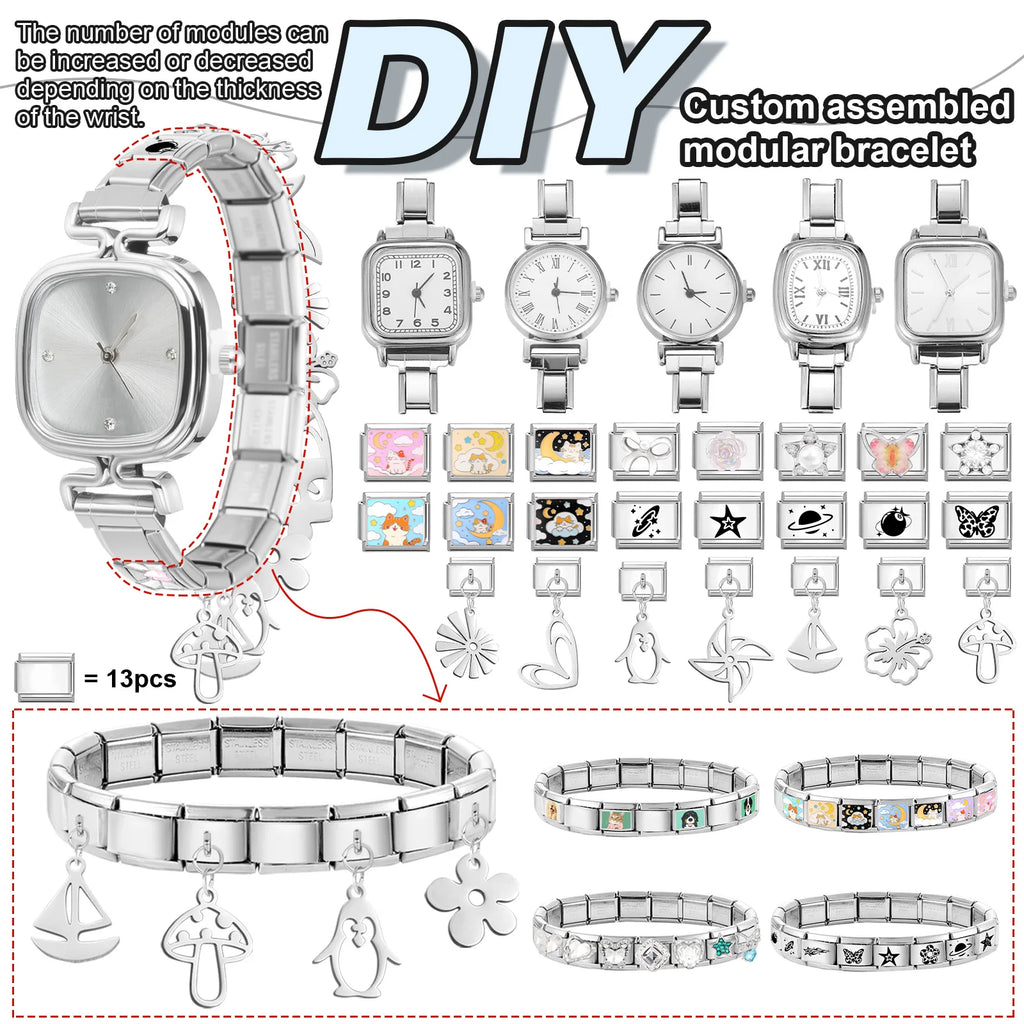 Connecteur de montre de mode en acier inoxydable, lien de charme italien de 9MM, en-tête de montre carrée pour femmes, Bracelet de liaison, bijoux à bricoler soi-même, cadeau