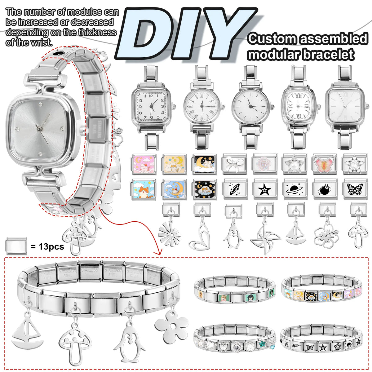 Connecteur de montre de mode en acier inoxydable, lien de charme italien de 9MM, en-tête de montre carrée pour femmes, Bracelet de liaison, bijoux à bricoler soi-même, cadeau