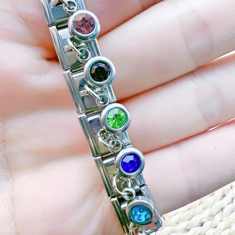 2025 femmes mode douze mois Zircon italien breloques liens modulaire ajustement 9mm en acier inoxydable élastique Bracelet bricolage fabrication de bijoux