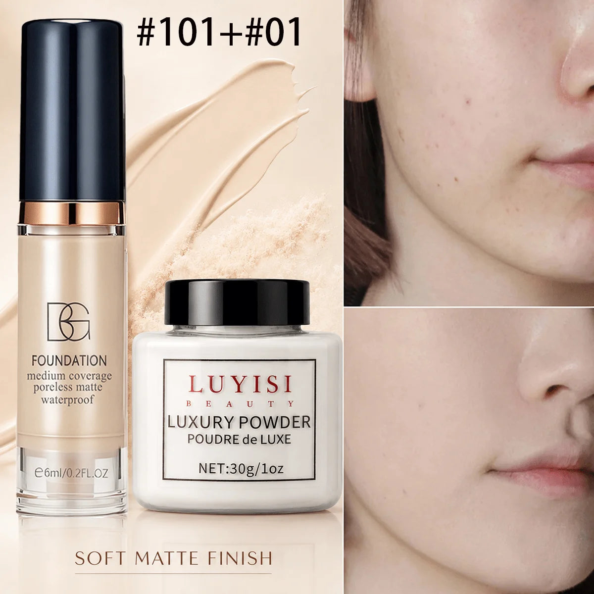 Ensemble de maquillage pour le visage : 1 poudre libre mate + 1 fond de teint waterproof, haute couvrance, longue tenue, contrôle du sébum, pour un look naturel.