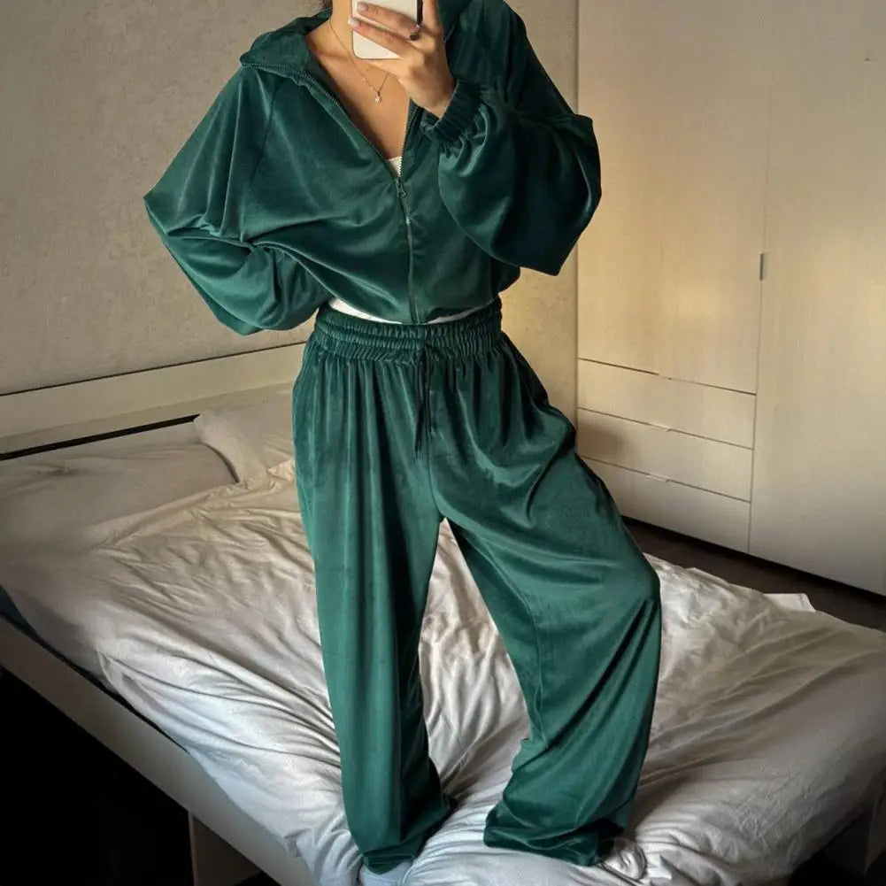Ensemble de survêtement en velours pour femme, deux pièces, veste courte zippée et pantalon long, tenue décontractée pour femme ﻿