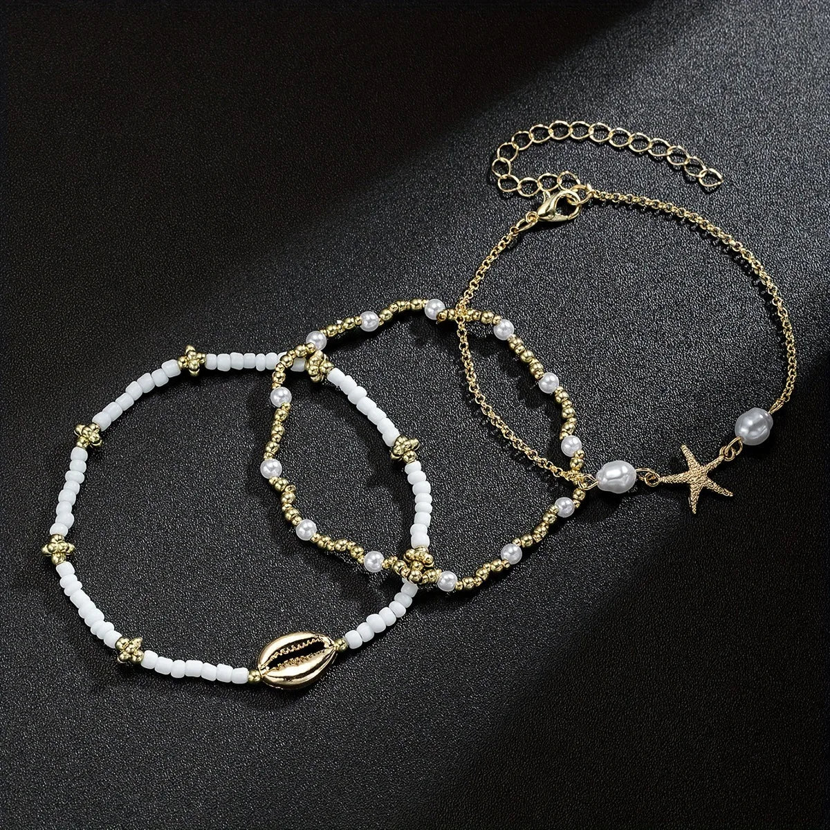 Chaînes de cheville de Style bohème pour femmes, accessoires de pied à trois couches avec perles de riz, coquillages et étoile de mer