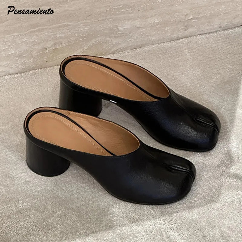 Mules à talons hauts Tabi noires vintage en cuir souple à bout fendu pour femme, style décontracté, à enfiler, collection printemps-été