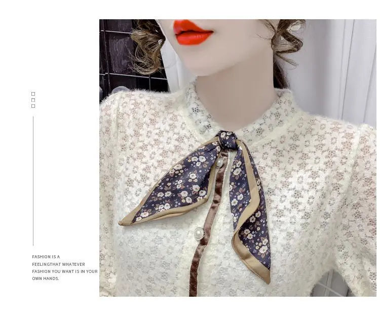 Chemise en velours pour femmes, automne hiver, écharpe à manches longues, collier, chemise en dentelle imprimée, haut à manches bouffantes intérieures en maille à la mode