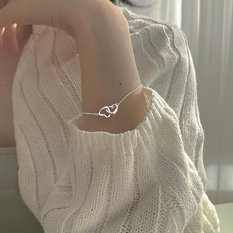 Bracelets minimalistes Double cœur pour femmes, Vintage, couleur argent, chaîne fine, réglables, bijoux d'amitié, cadeaux, 2025