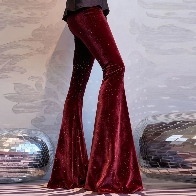 Mode velours pantalon femmes taille haute pantalon évasé pour les femmes automne hiver Stretch pantalon de fête rouge