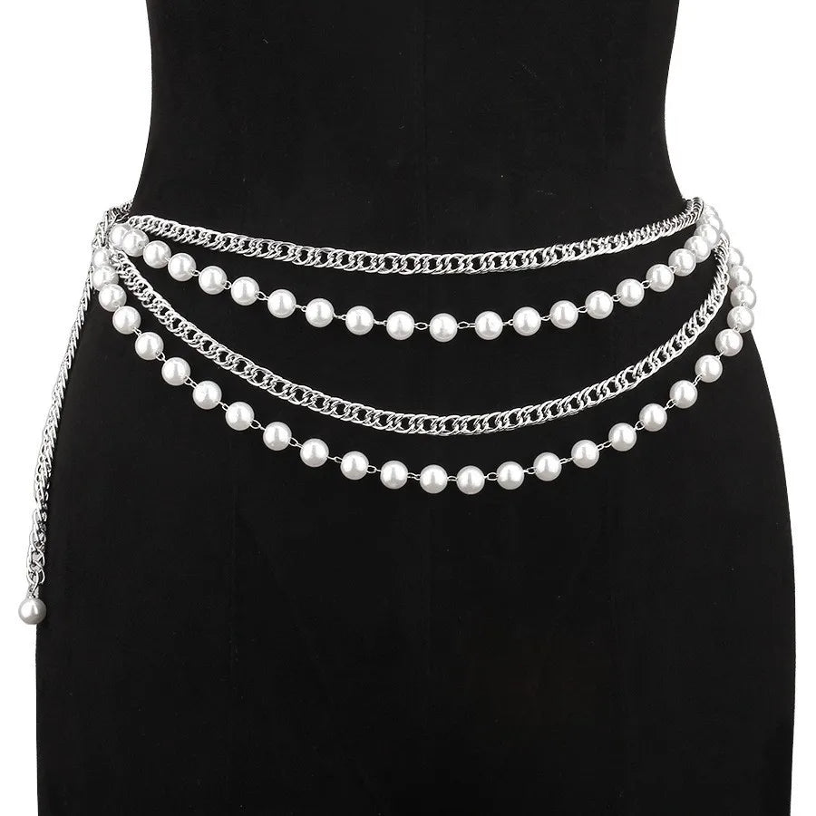 Chaîne de taille multi-couches en métal doré et argenté avec perles d'imitation pour femme, accessoire de mode, chaîne de corps, ornement de taille