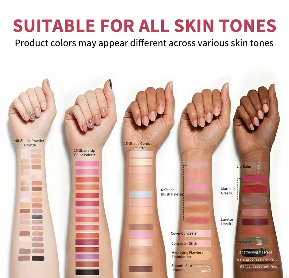 Ensemble de maquillage tout-en-un comprenant tous les cosmétiques, y compris le maquillage de base, le correcteur, le contour, le blush en poudre, le maquillage des sourcils, des yeux et des lèvres