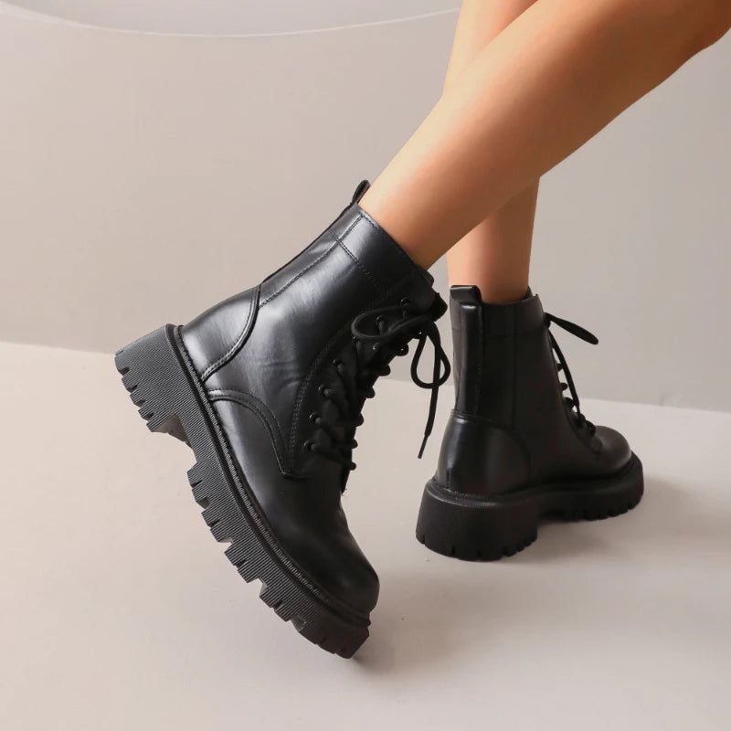 Bottes de combat à lacets pour femmes en cuir PU, semelle épaisse, bout rond, chaussures décontractées pour l'hiver et le quotidien