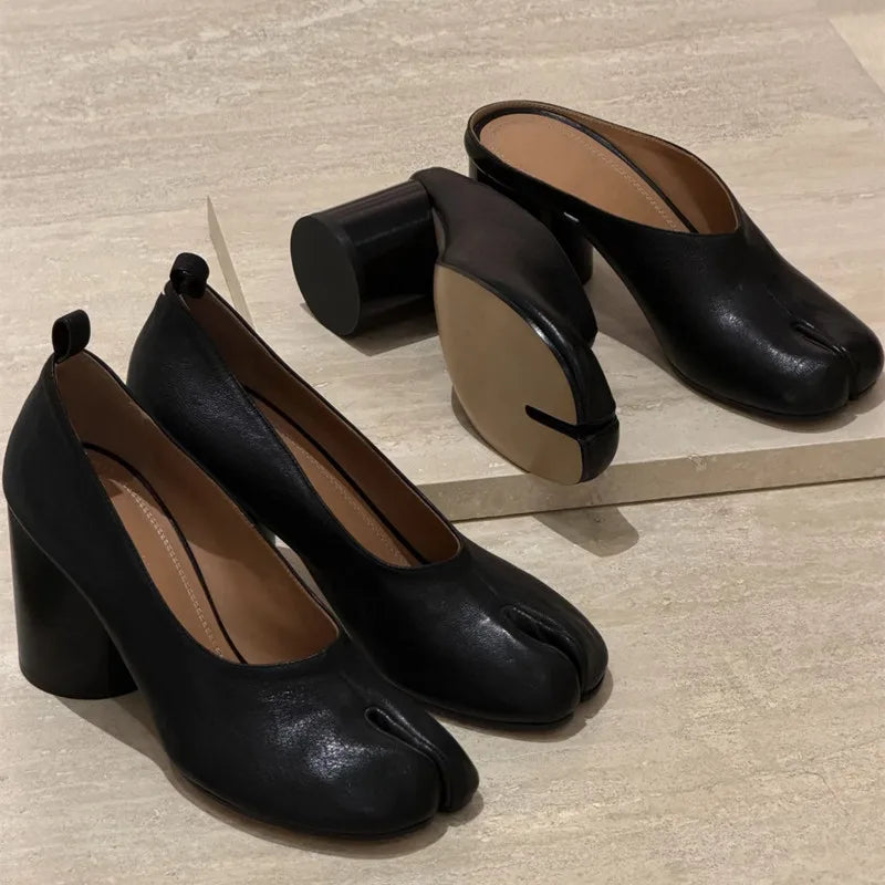 Mules à talons hauts Tabi noires vintage en cuir souple à bout fendu pour femme, style décontracté, à enfiler, collection printemps-été
