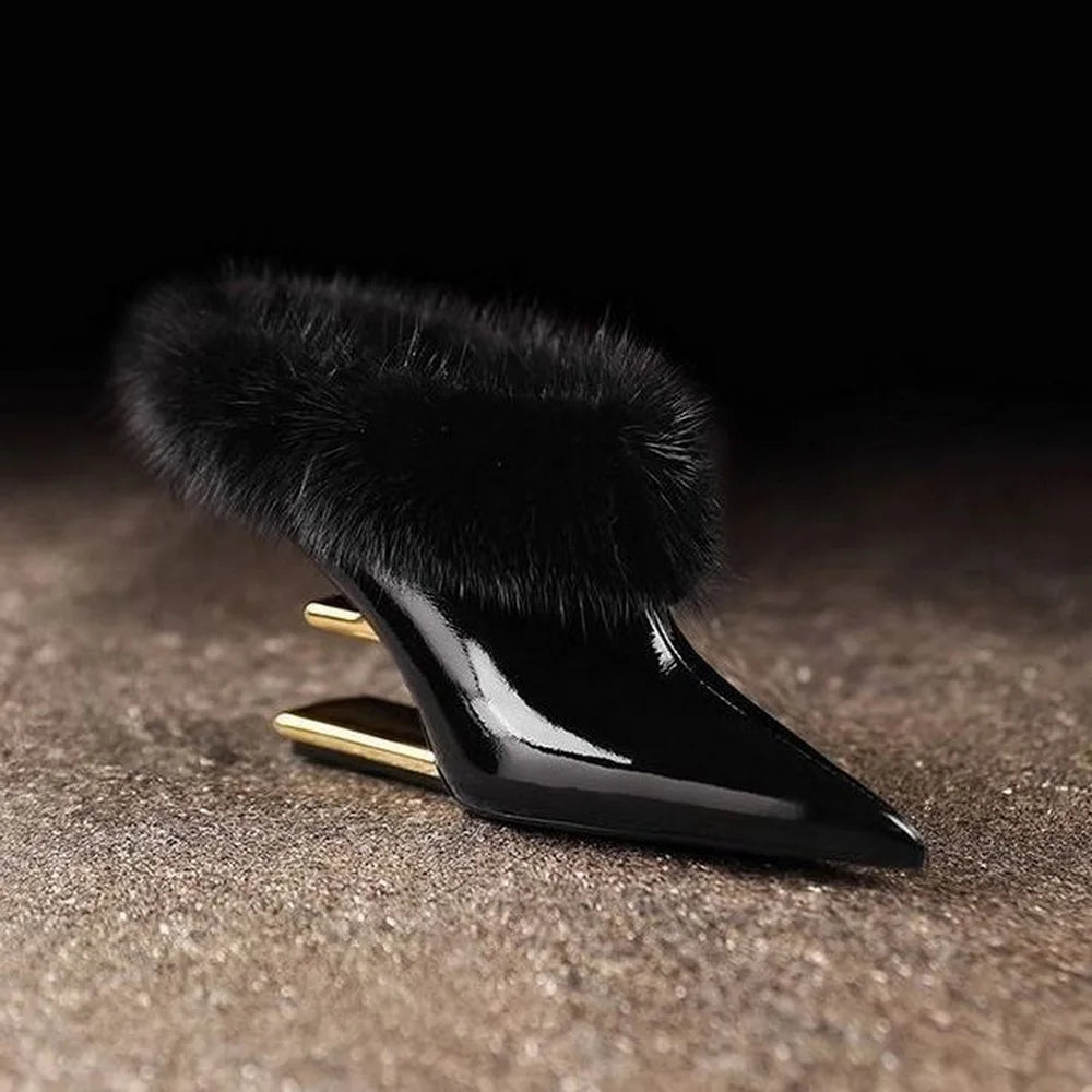 Nouvelles mules pour femmes, bottines à talon haut, chaussures d'hiver fourrées, pantoufles à bout pointu, chaussures compensées à enfiler