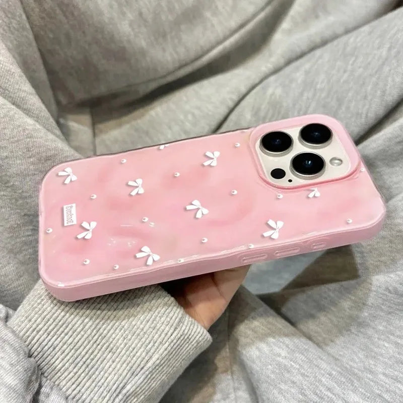 Coque de téléphone Coquette avec nœuds blancs pour iPhone 15 11 12 13 Plus 14 16 17 Pro Max 17 Air, motif perles mignonnes, ondulée, souple et antichoc