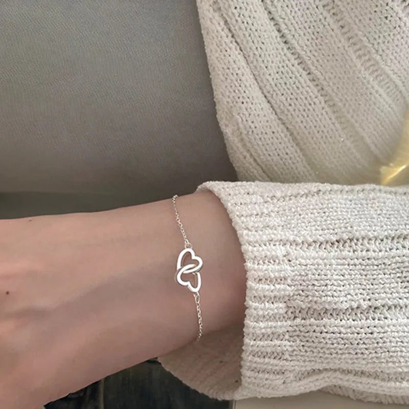 Bracelets minimalistes Double cœur pour femmes, Vintage, couleur argent, chaîne fine, réglables, bijoux d'amitié, cadeaux, 2025