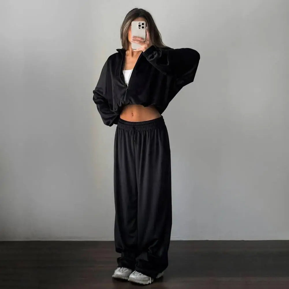 Ensemble de survêtement en velours pour femme, deux pièces, veste courte zippée et pantalon long, tenue décontractée pour femme ﻿