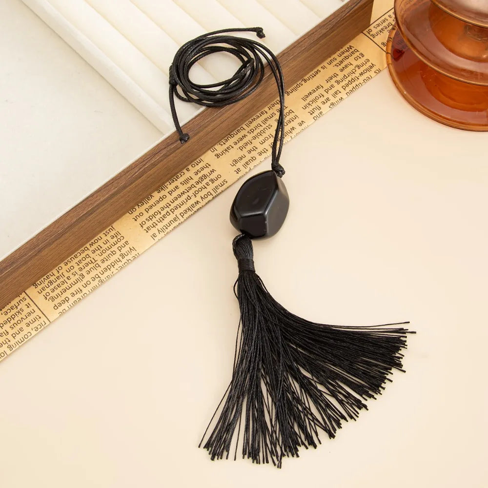 Collier Long avec pendentif pompon perlé en acrylique noir pour femmes, créatif, à la mode, fil de cire réglable, chaîne de pull, bijoux cadeaux