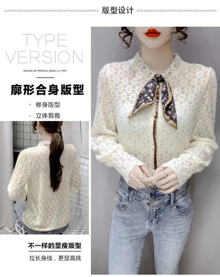 Chemise en velours pour femmes, automne hiver, écharpe à manches longues, collier, chemise en dentelle imprimée, haut à manches bouffantes intérieures en maille à la mode