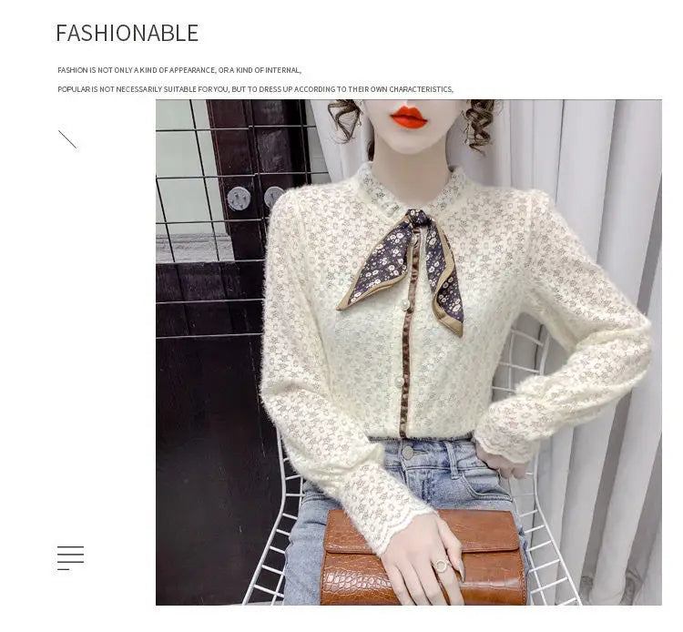 Chemise en velours pour femmes, automne hiver, écharpe à manches longues, collier, chemise en dentelle imprimée, haut à manches bouffantes intérieures en maille à la mode