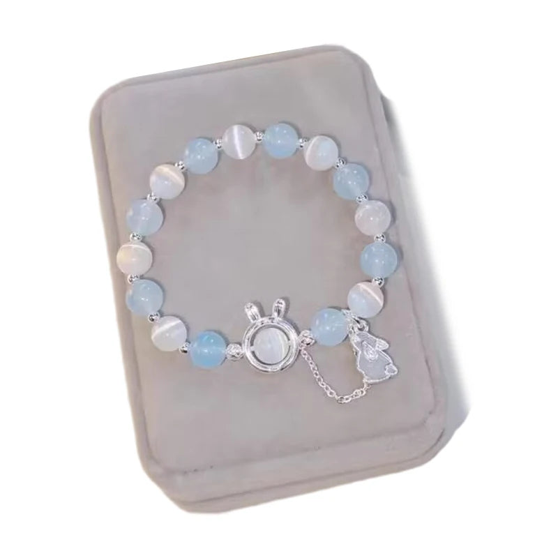 Bracelet pendentif lapin en pierre de lune pour femme, cristal, opale blanche, pierre naturelle, brin perlé, bijoux faits à la main, mode