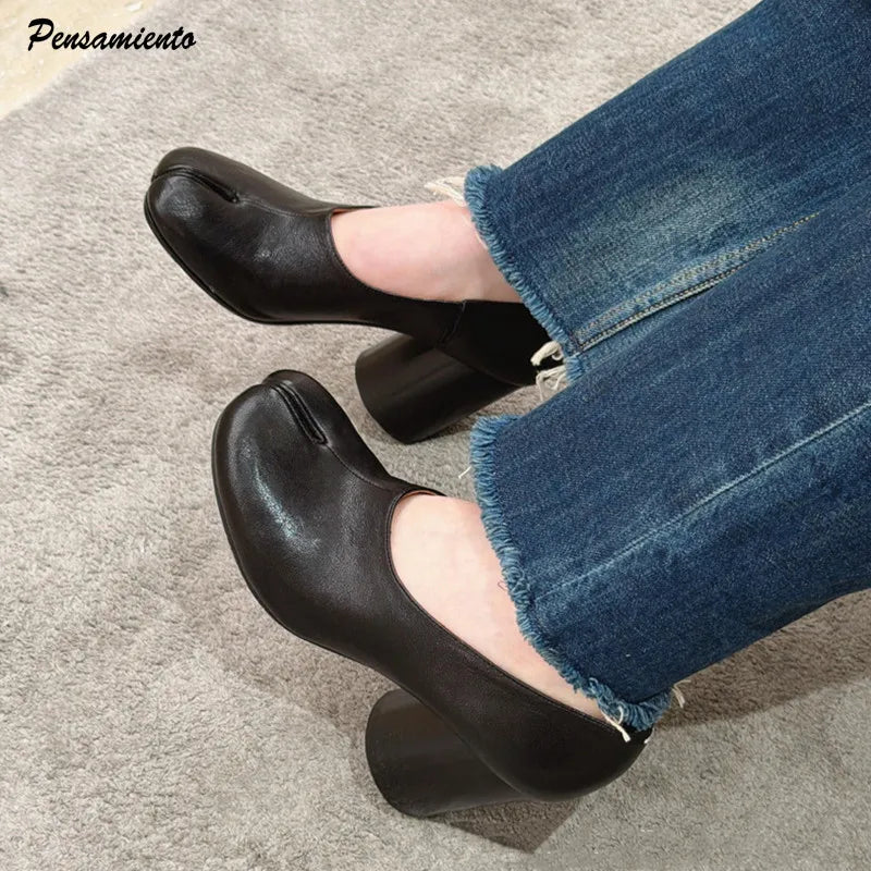 Mules à talons hauts Tabi noires vintage en cuir souple à bout fendu pour femme, style décontracté, à enfiler, collection printemps-été