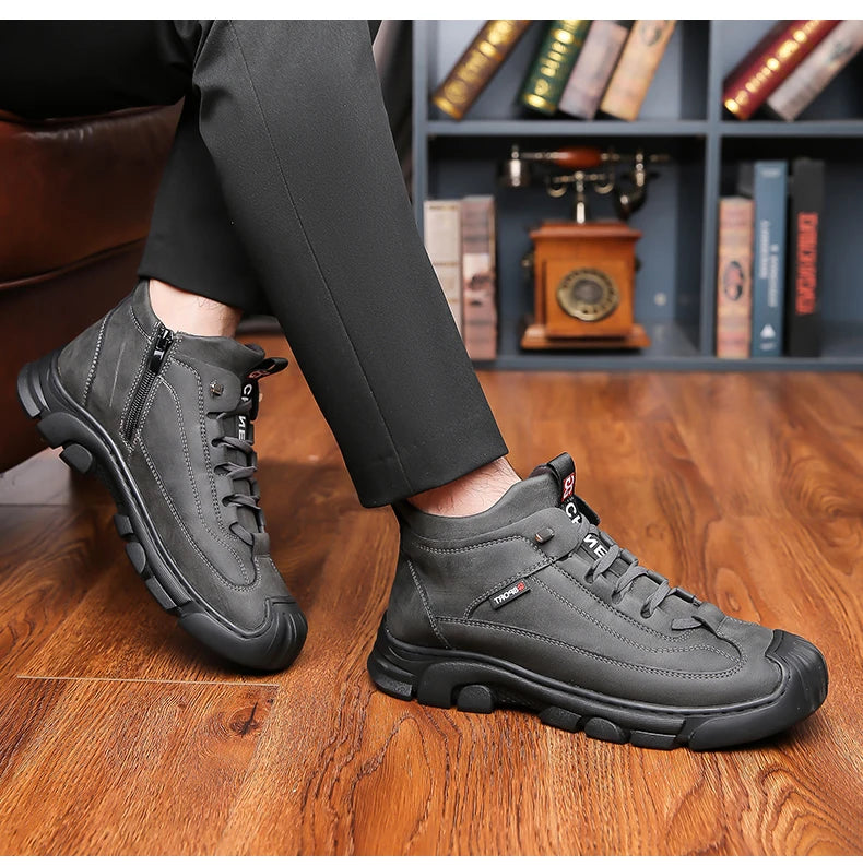 Bottes en cuir Pu hommes printemps chaussures hautes décontractées pour hommes tendance fermeture éclair chaussures plates hiver Sneaker vulcanisé cheville Tennis Zapatillas