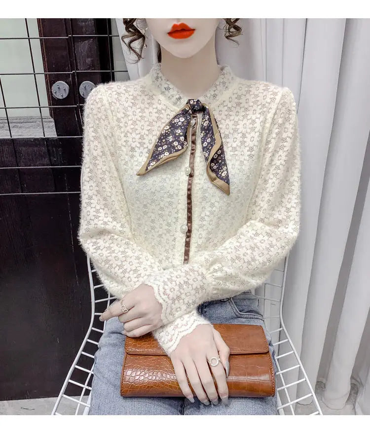 Chemise en velours pour femmes, automne hiver, écharpe à manches longues, collier, chemise en dentelle imprimée, haut à manches bouffantes intérieures en maille à la mode