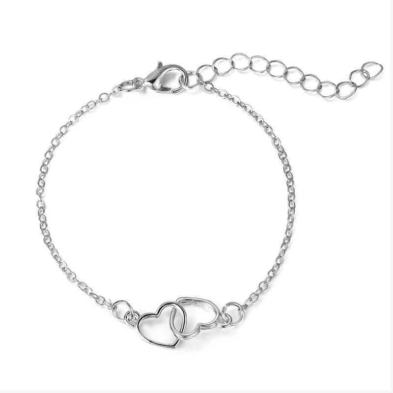 Bracelets minimalistes Double cœur pour femmes, Vintage, couleur argent, chaîne fine, réglables, bijoux d'amitié, cadeaux, 2025