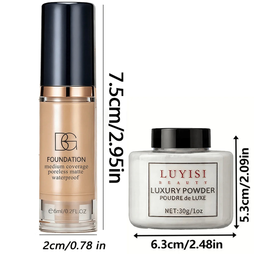 Ensemble de maquillage pour le visage : 1 poudre libre mate + 1 fond de teint waterproof, haute couvrance, longue tenue, contrôle du sébum, pour un look naturel.