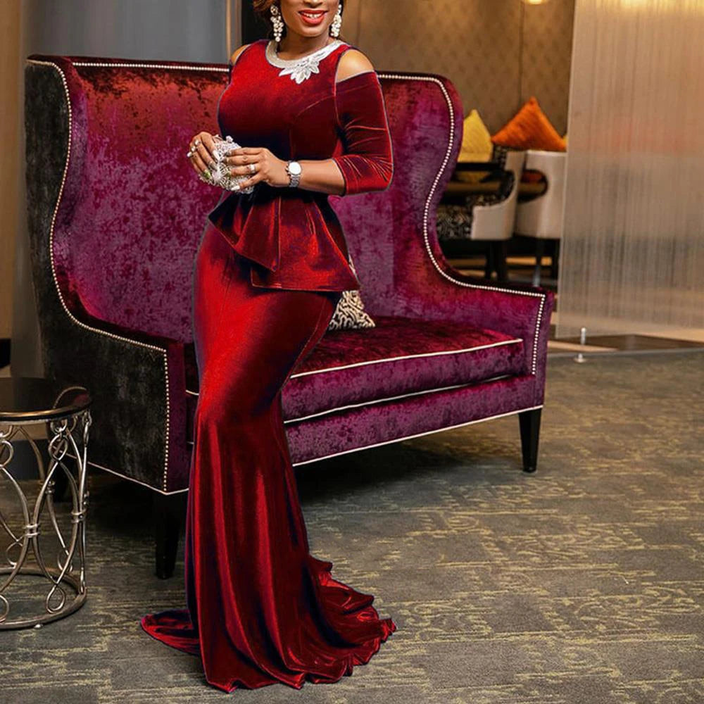 Robe d'été personnalisée en velours pour femmes, style sirène, mode Ankara, rouge, Vetement Femme, noire, Sexy, longueur au sol, 2023